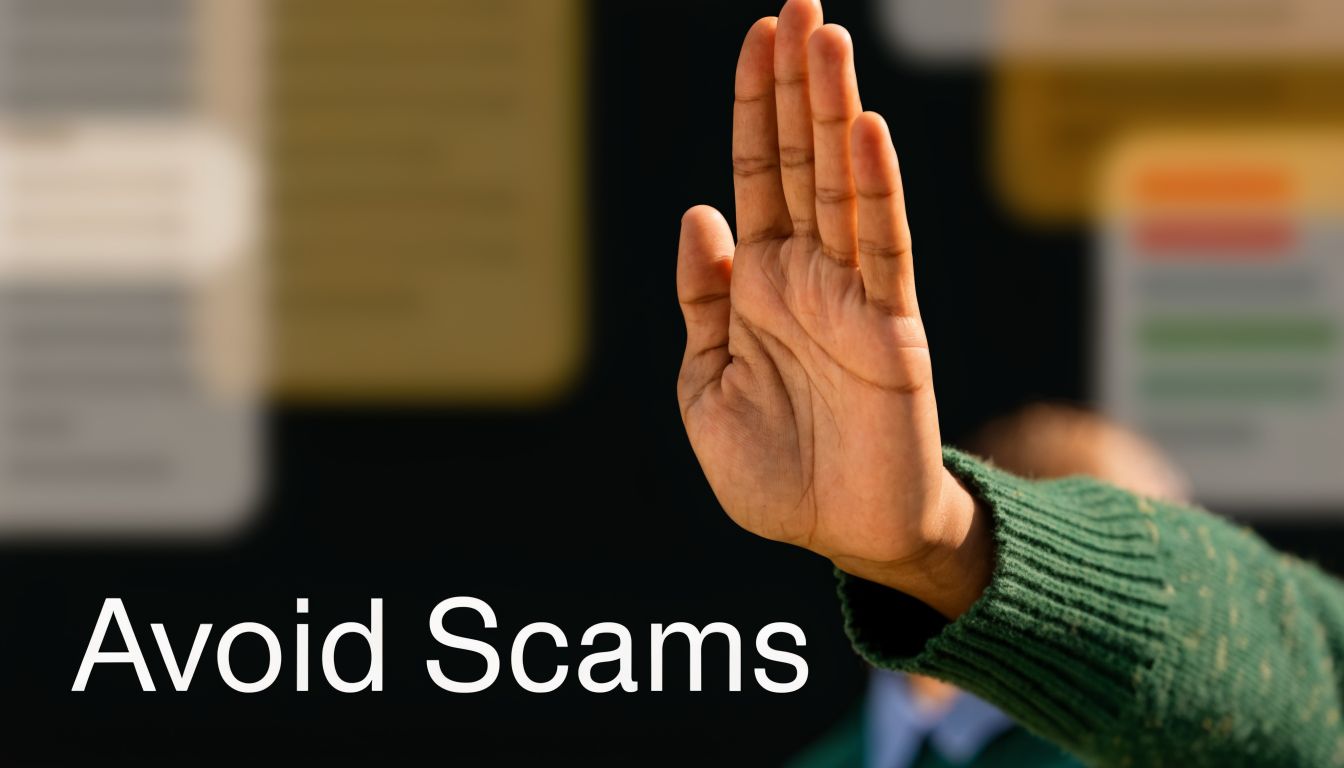 A hand held up in a stop gesture against a dark background with the text Avoid Scams.