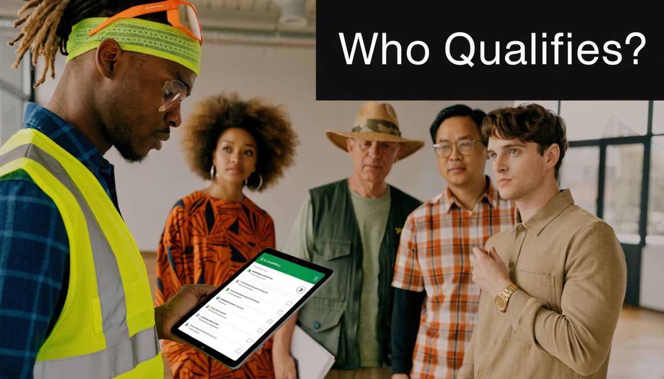 A construction supervisor shows a tablet to a diverse group of people while discussing qualification criteria.
